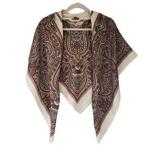 Vintage Italian Shawl Cream Brown Paisley Print Raw Hem By Debenhams